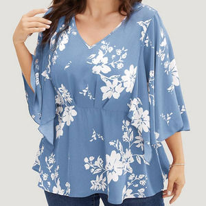 BLOOMCHIC 12 L Blue Floral Gathered Waist Flutter Sleeve Blouse Top NWT B73